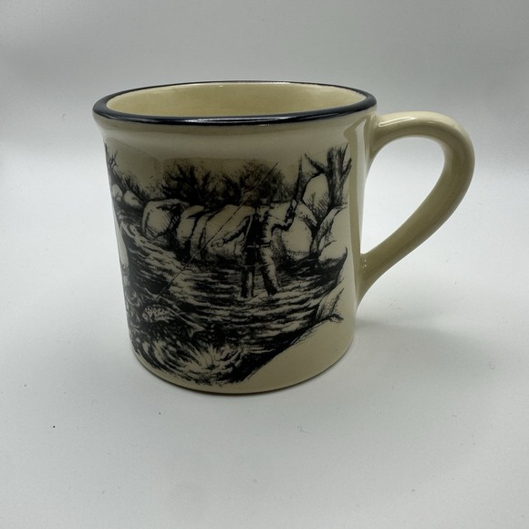 CC Filson Ohio Stoneware Mug NIB Bears Fly Fishing Scene - Picture 3 of 5